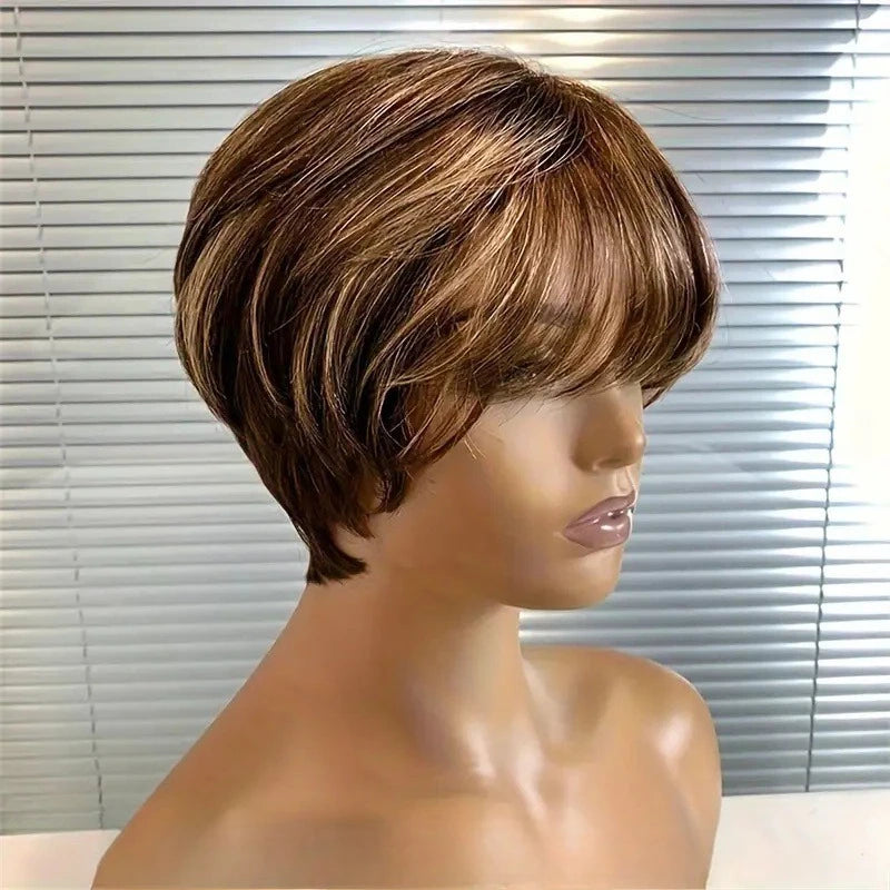 High Quality 6 Inch Pixie Wigs Color P4/27 for Women Full Machine Made Brazilian Virgin Remy Human Hair Soft Comfortable
