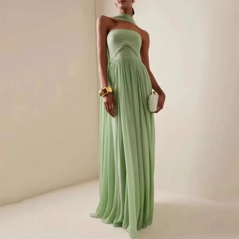 Women Sexy Fashion Backless Pleated Dresses Elegant Simple Casual Green Waist Chiffon Chic Evening Gown New Women Clothing