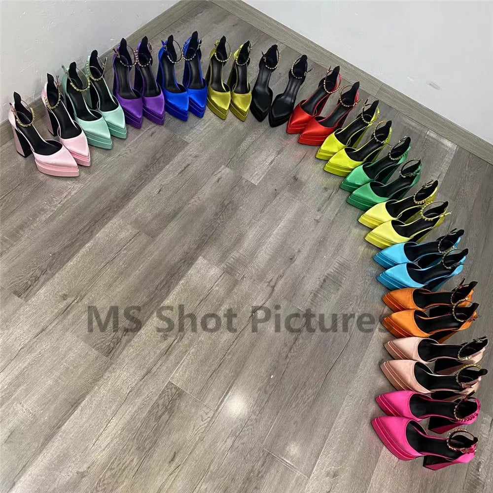 Luxury Women High Heel Shoes Platform Sandals Pointed Toe Woman Silk Pumps Sexy Rhinestone Buckle Chunky Heel Wedding Shoes 2024