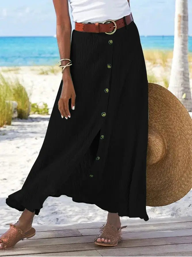 Women Skirt Spring Summer New Fashion Casual Cotton And Linen Solid Color Buttons Skirt Split A- Line Hip Waist Long Skirt