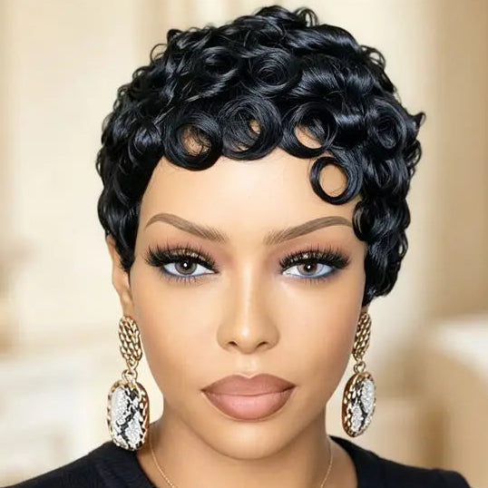 Curly Pixie Wig with Bangs