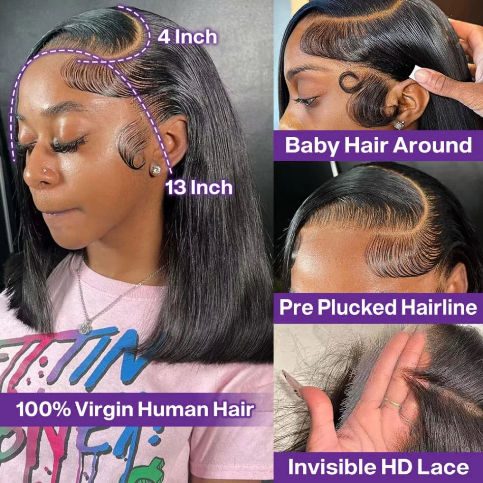 Pelucas de cabello humano Bob 13x6 pelucas delanteras de encaje 220 densidad cortas y lisas Hd Pelucas frontales de encaje transparente Cierre brasileño para mujeres