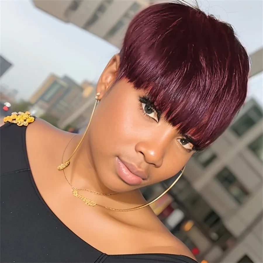 Peluca de pelo Remy de 6 pulgadas con densidad del 150%, color negro natural/99j/castaño, hecha a máquina, corte pixie, corta, lisa, de cabello humano para mujer