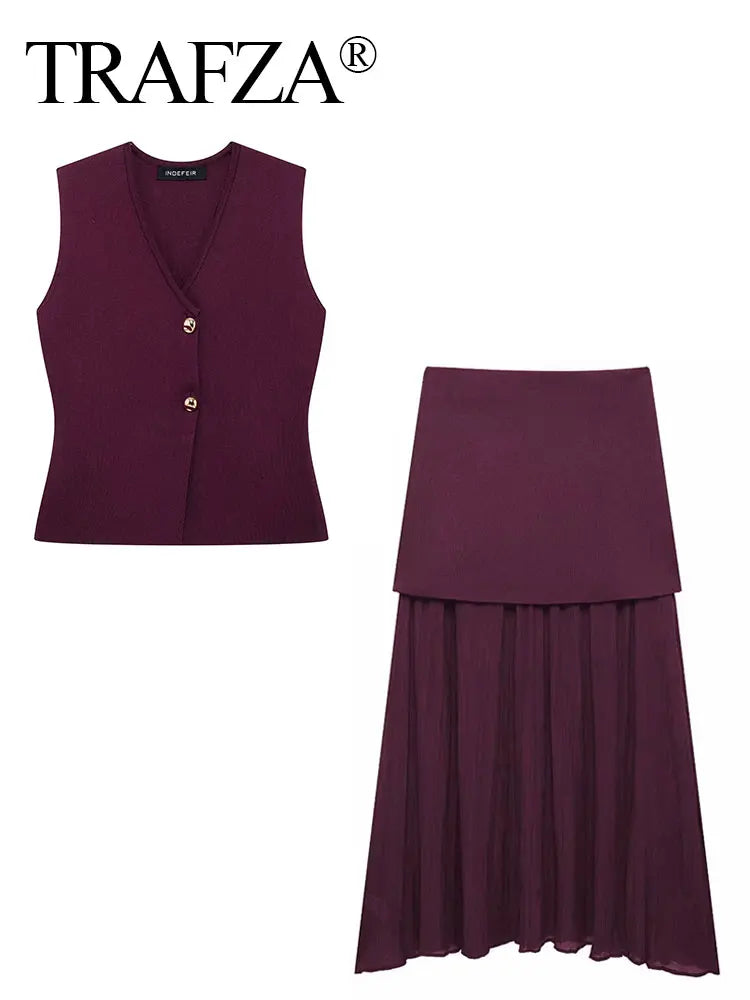 TRAFZA Women Skirt Set Wine Red Knitted V-Neck Sleeveless Slim Vest +Solid High Waist Zipper Patchwork Long Skirt Street