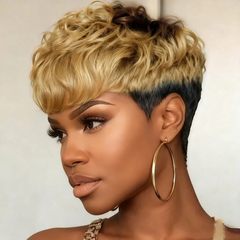 Peluca Corta Pixie Lacia de Cabello Humano con Flequillo Cabello Peruano Hecha a Máquina Completa Corte Pixie en Capas para Uso Diario