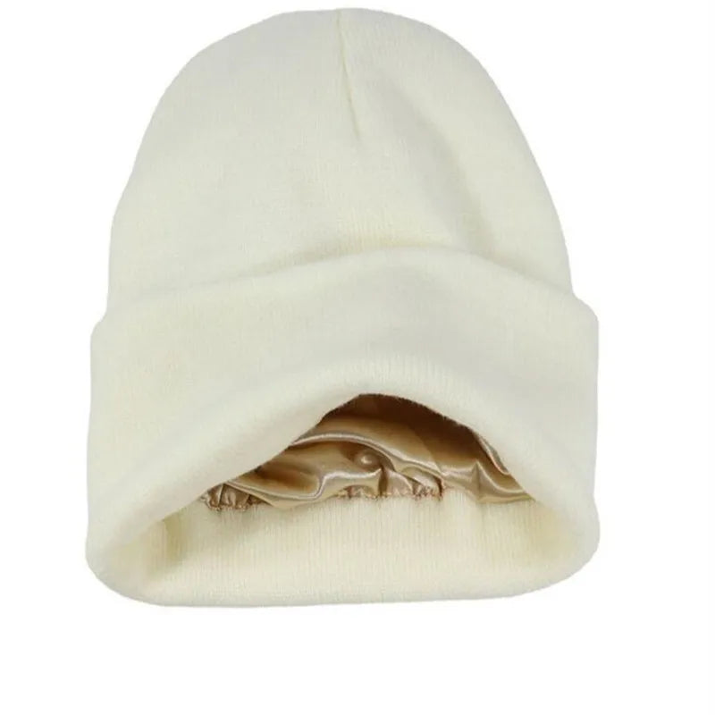 Knitted Hat For Women Silk Satin Lined Beanies Chunky Caps Warm Winter Women Men Bonnet Skullies Caps Male Female Balaclava Hats