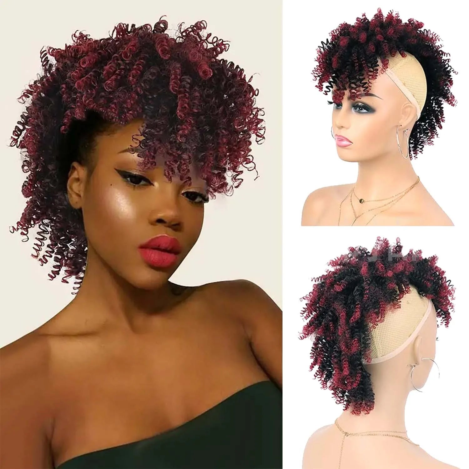 Queue de cheval synthétique Tereshar Afro High Puff avec frange courte queue de cheval bouclée crépue Chignon queue de cheval Mohawk avec frange pour les femmes noires