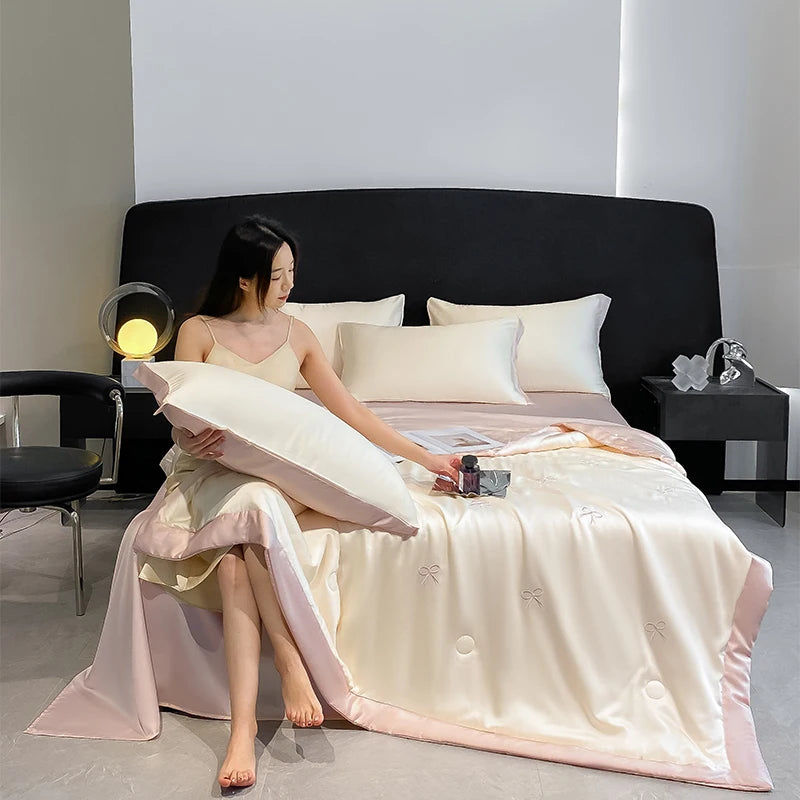 Princess Summer Quilt Korean Soft  Washed Silk Full Embroidery Tencel Cool Quilt  Women Girl For Summer Comforter Bedding