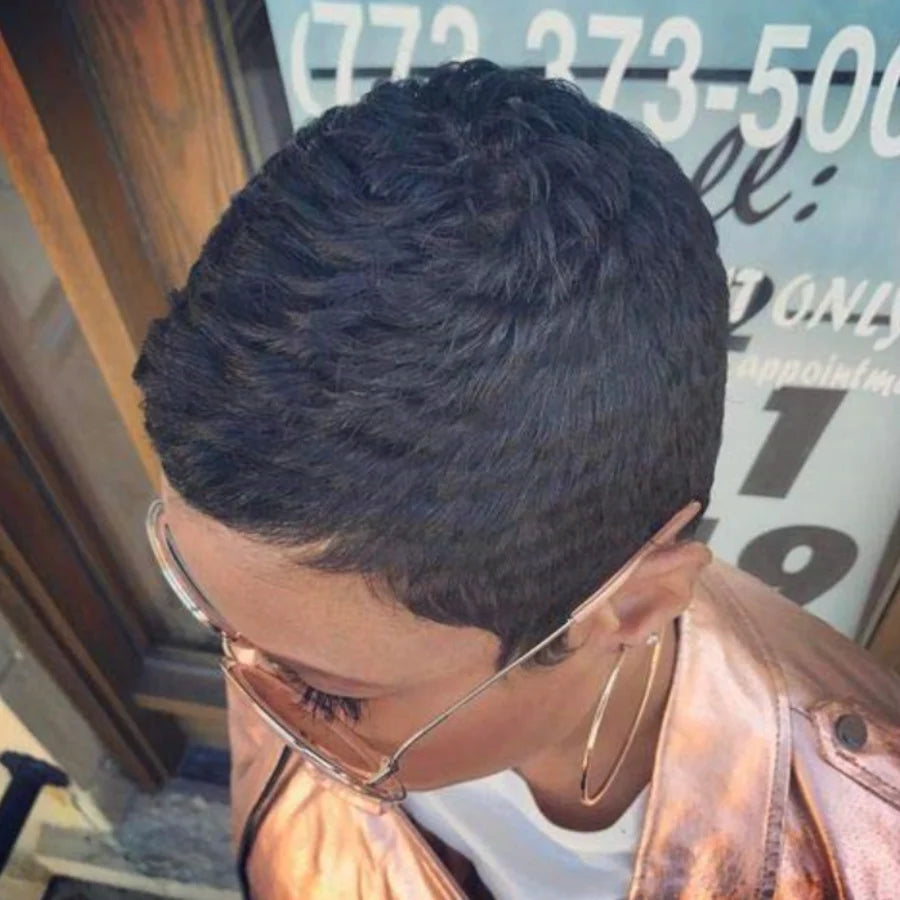 Pelucas sintéticas Pixie de pelo corto, corte pixie, pelucas cortas negras onduladas, pelucas sintéticas cortas en capas para mujeres negras, pelucas de corte pixie