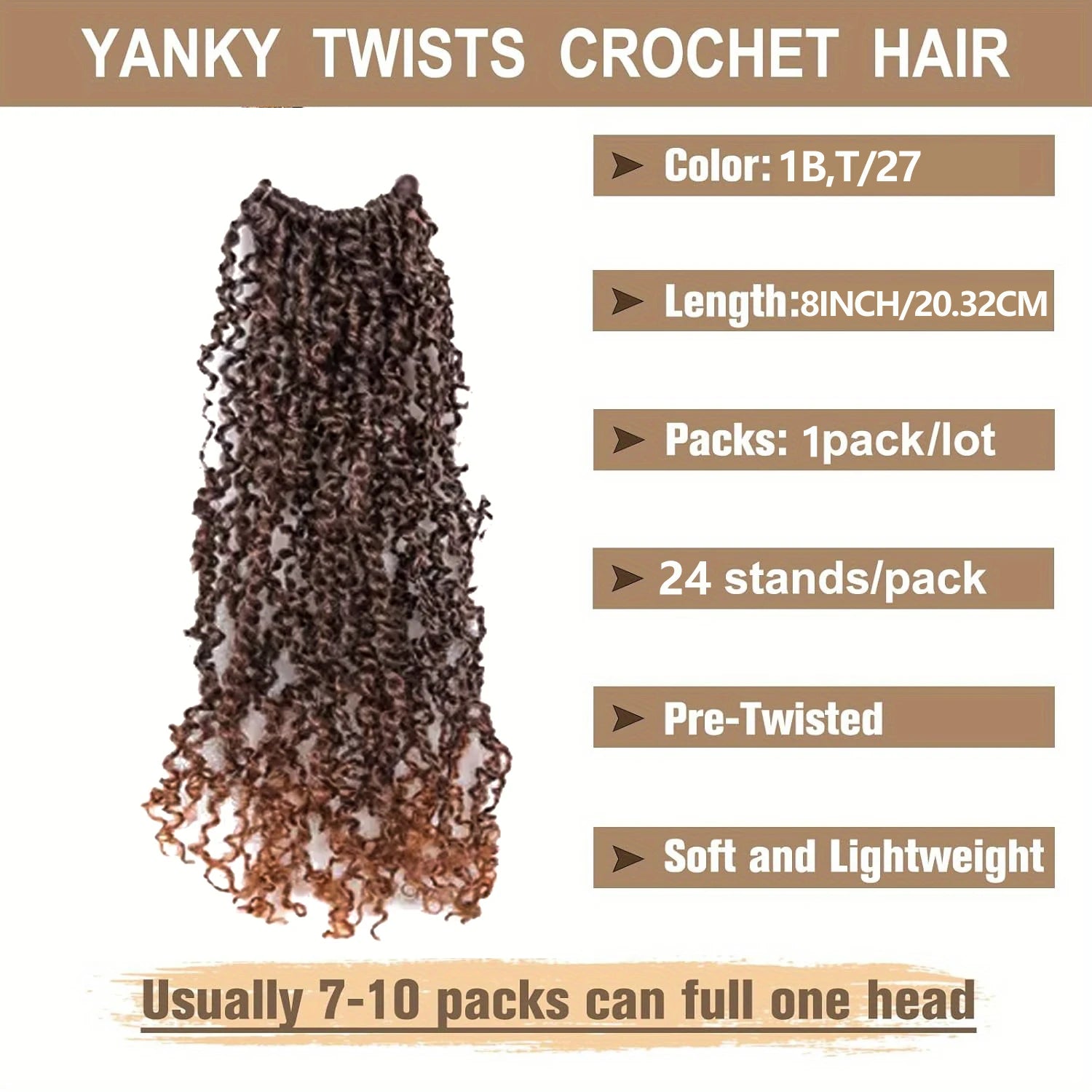 1 Pack 8 Inch Pre-Looped Yanky Twists Crochet synthetic Braids HairTextured Hairstyle, Elegant Hairstyle Easy Application