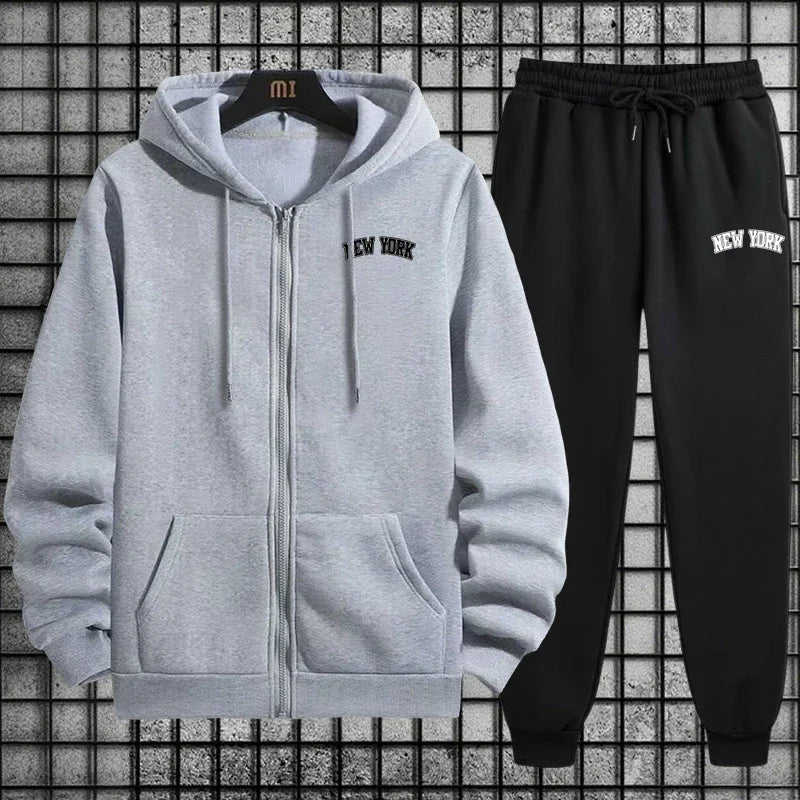 Street Style Men Tracksuit Set 2pcs Zipper Hoodie Sweatpants Urban Streetwear Outfit Autumn Winter City Vibes Sportswear