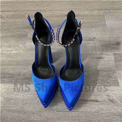 Luxury Women High Heel Shoes Platform Sandals Pointed Toe Woman Silk Pumps Sexy Rhinestone Buckle Chunky Heel Wedding Shoes 2024