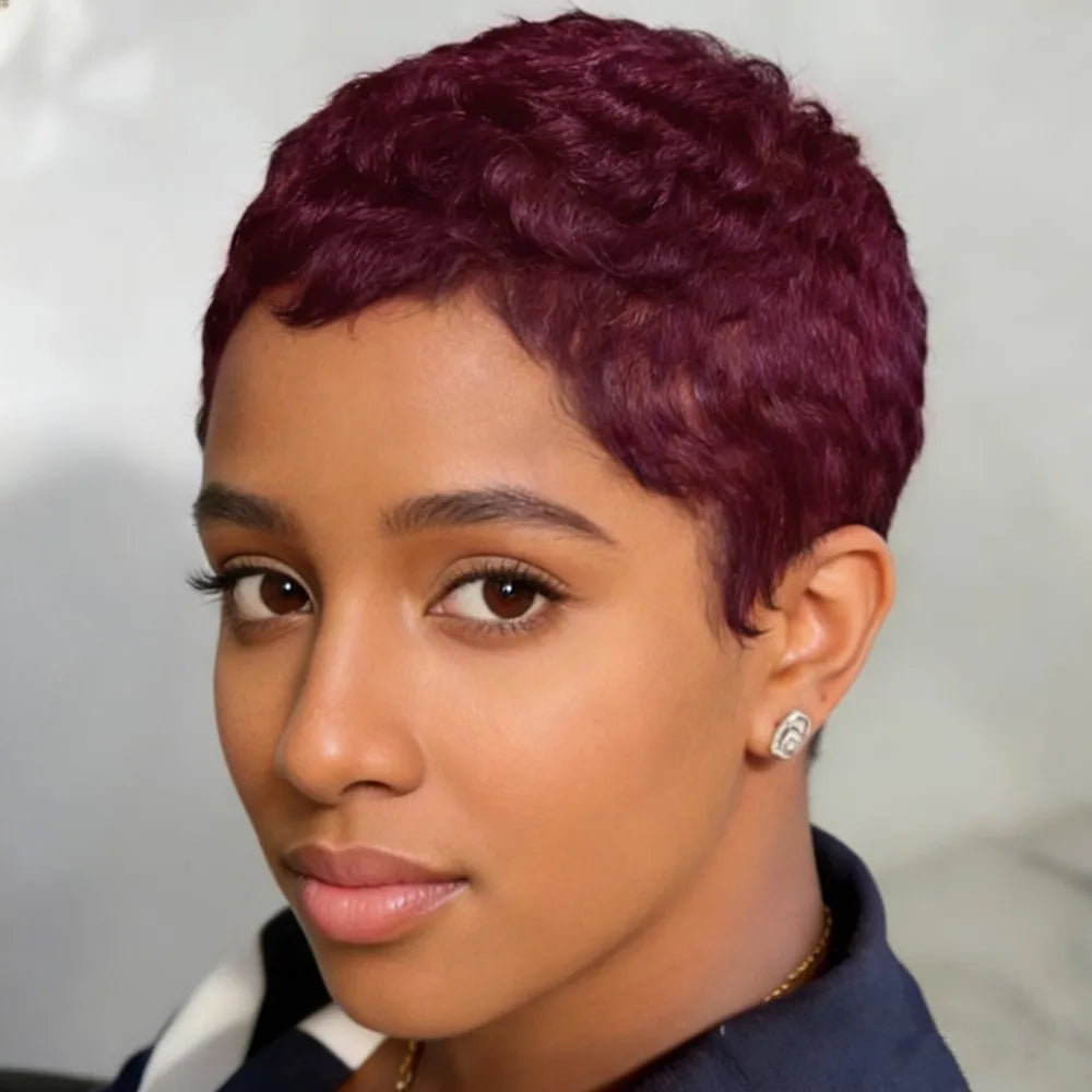 blonde brown black burgundy color for women daily party use wig pixie cut machine made short straight layered human hair wi