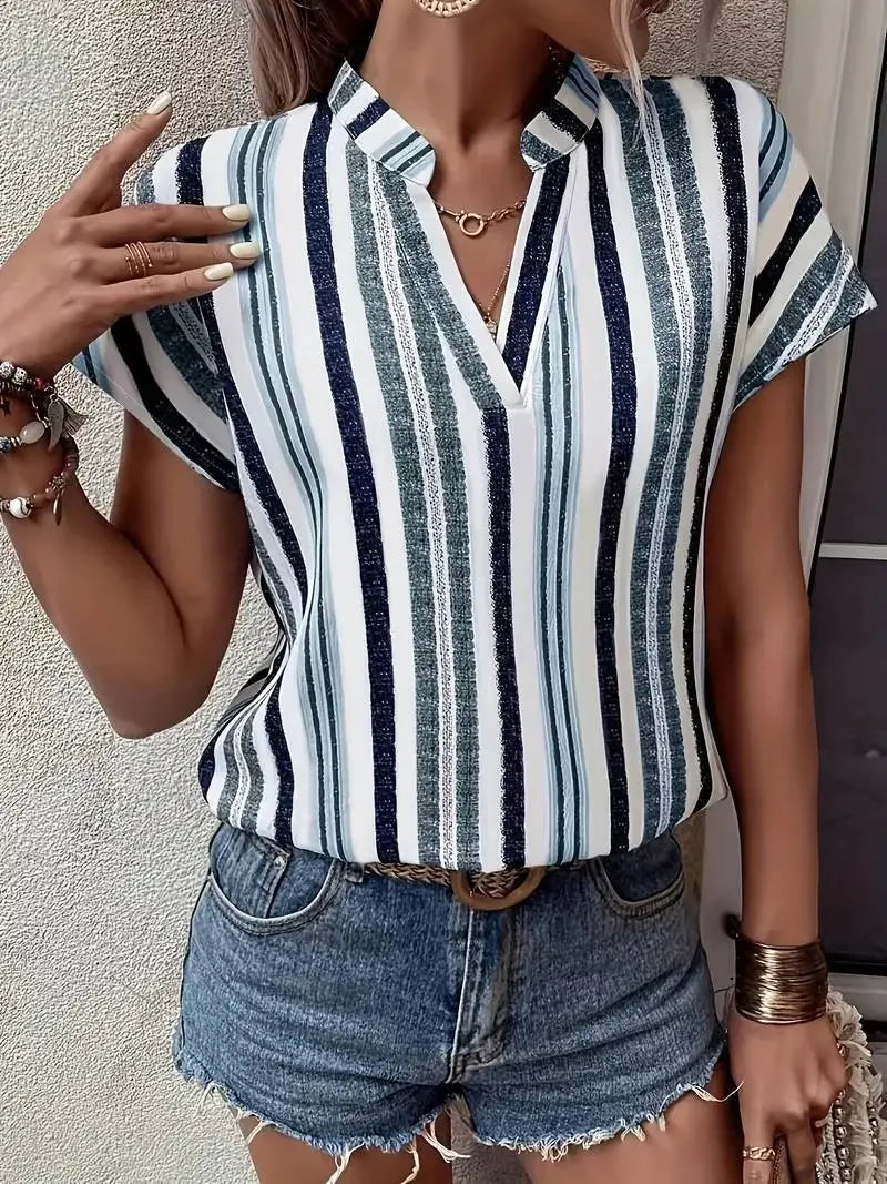 Women's Tops Blouses New Summer Casual Fashion Striped Print V-neck Short Sleeve Shirt Elegant Women Shirts Tops Streetwear