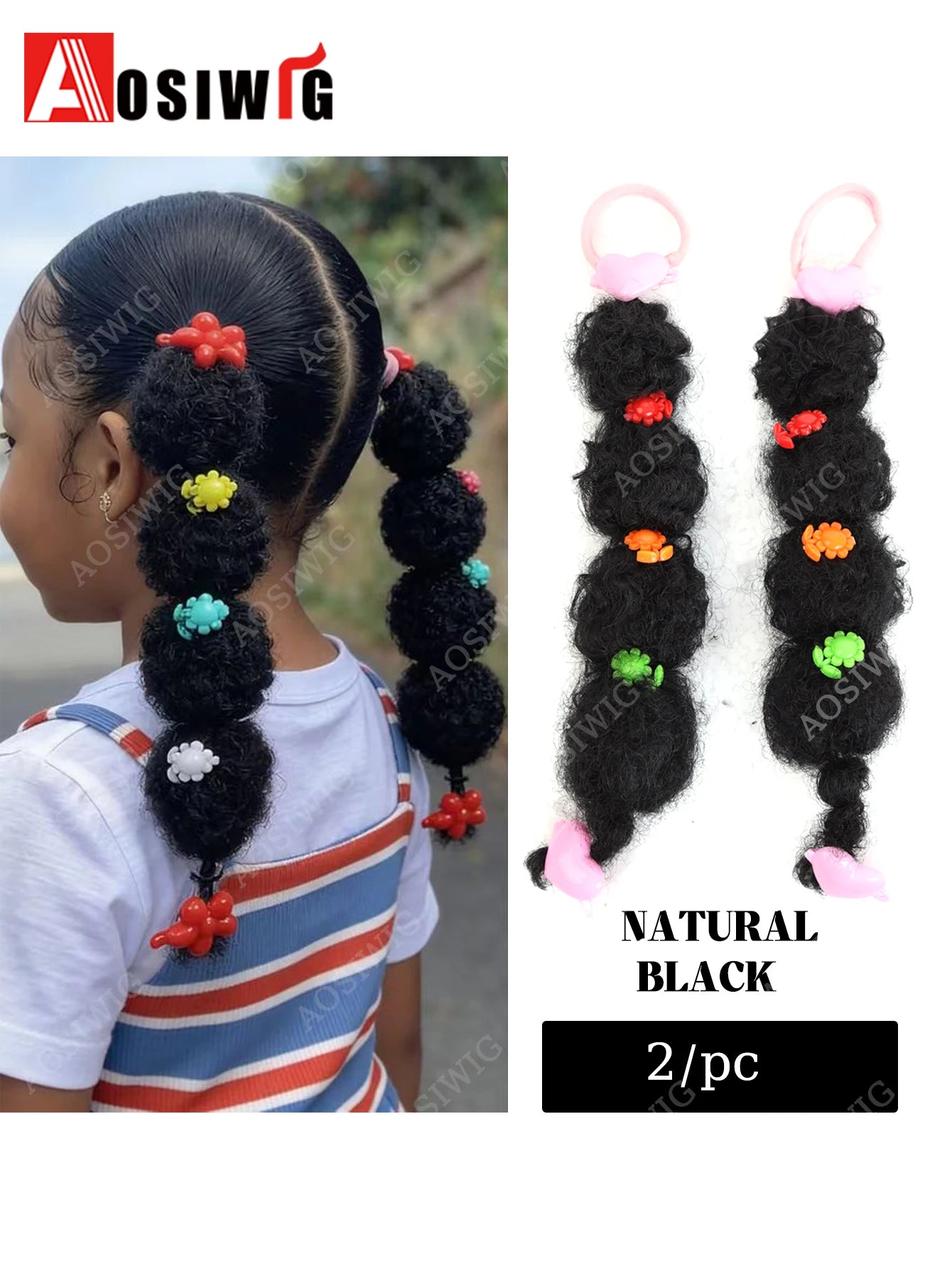 2pcs Kids Synthetic Black Bubble Puff Braid Ponytail Hair Extension With Cute Flower Accessories Wigs Hairpiece Braided Ponytail