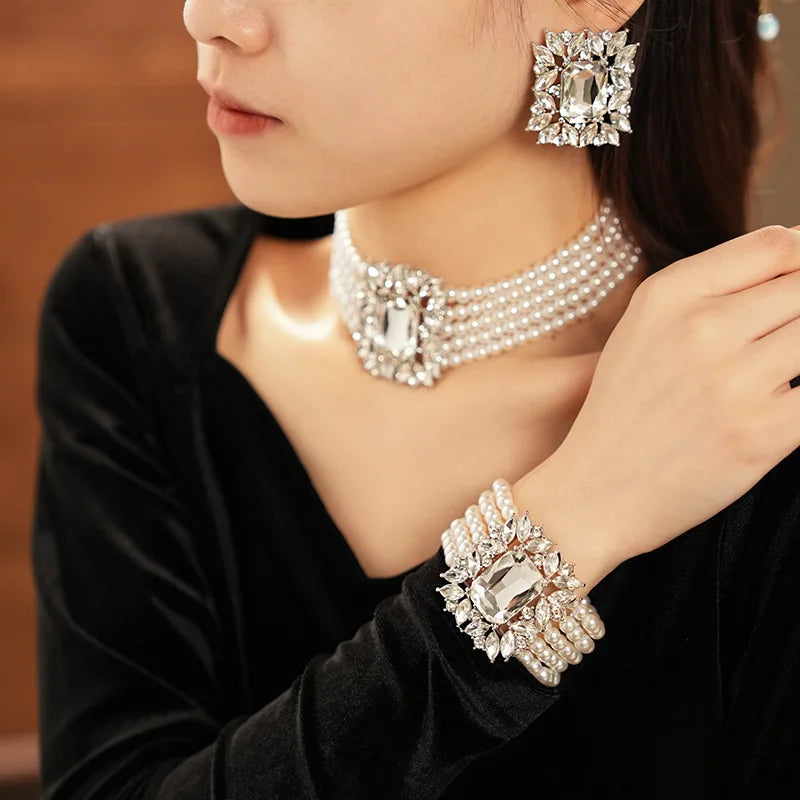 Inlaid Rhinestone Geometric Pearl Jewelry Set Women Beaded Choker Light Luxury Multi-layer Necklace Fashion High Sense Earring