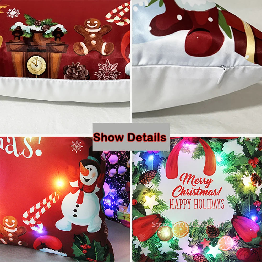 Funda de cojín navideña LED – Diseño de Papá Noel y brillo festivo