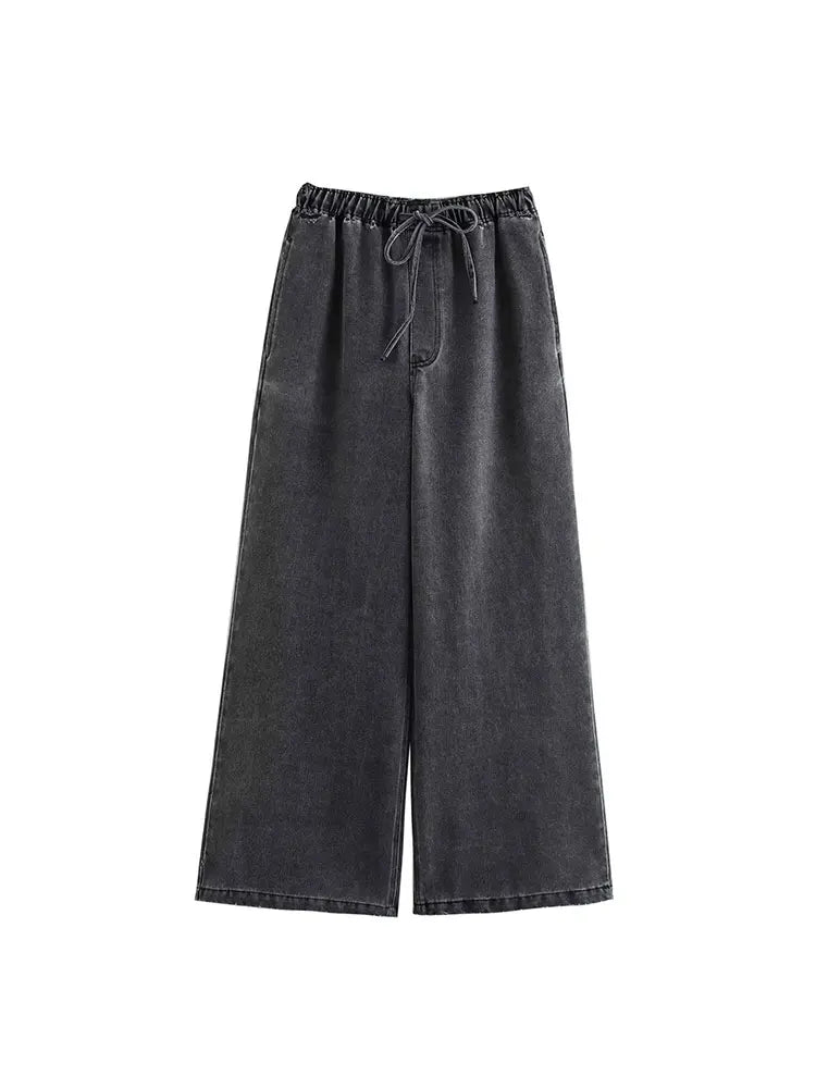 autumn Drawstring Wide Leg Pants Sets Women 2 Pieces Fashion Denim Top Women Suit Casual Two Piece Set Women Outfit