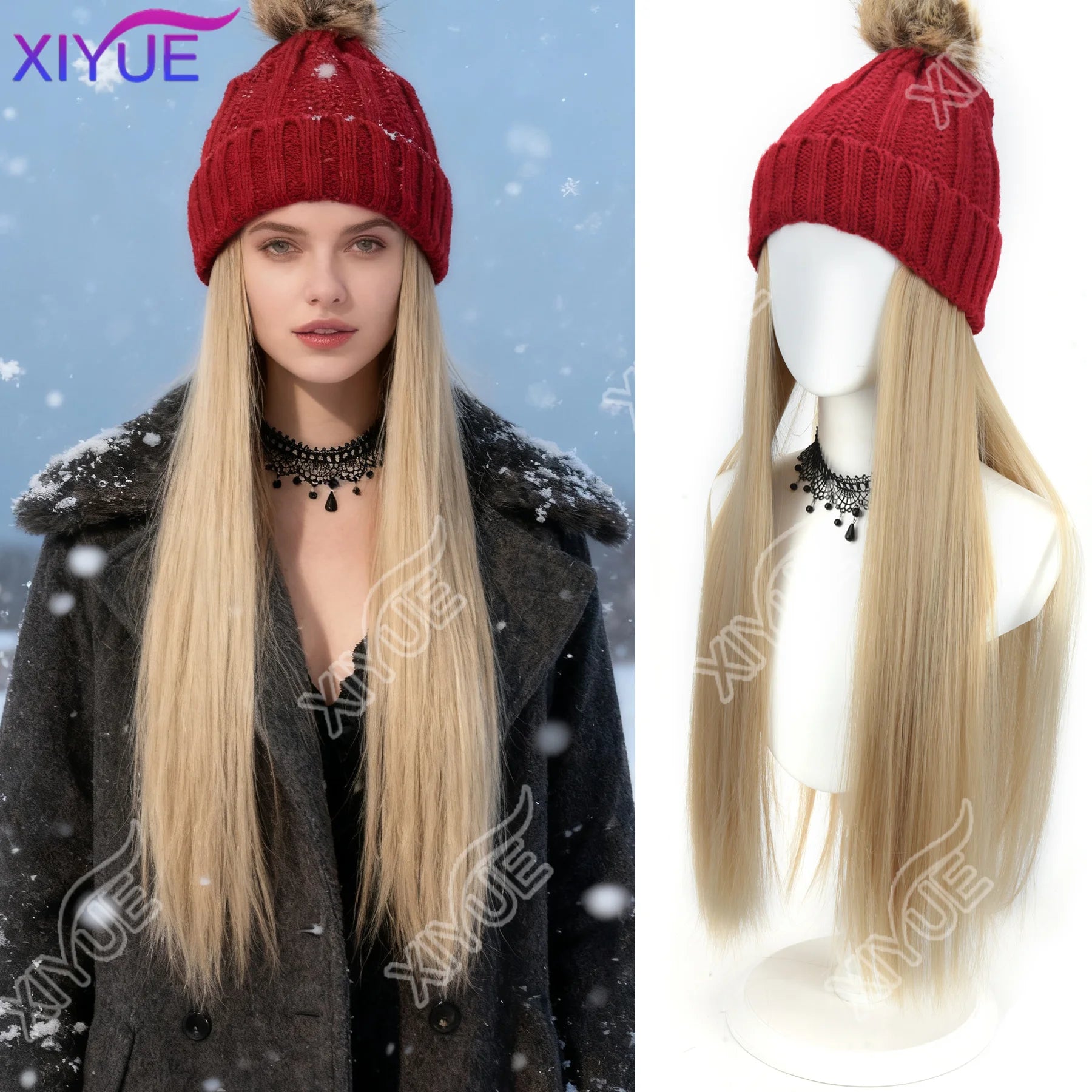 Sombrero de peluca de ala ancha sintético negro con correa para peluca de mujer, peluca sintética larga con ondas de agua, gorro de esquí cálido de felpa tejida para otoño e invierno