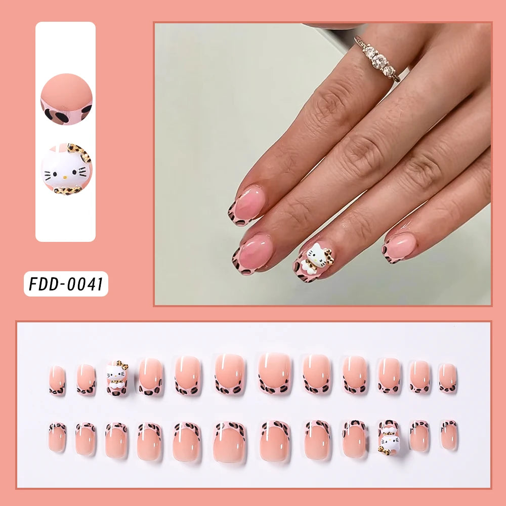 24pcs 3D Hello Kitty Heart Bow False Nails Pink-White French Press on Nails Medium Square Fake Nails for Daily/Party/Gathering *