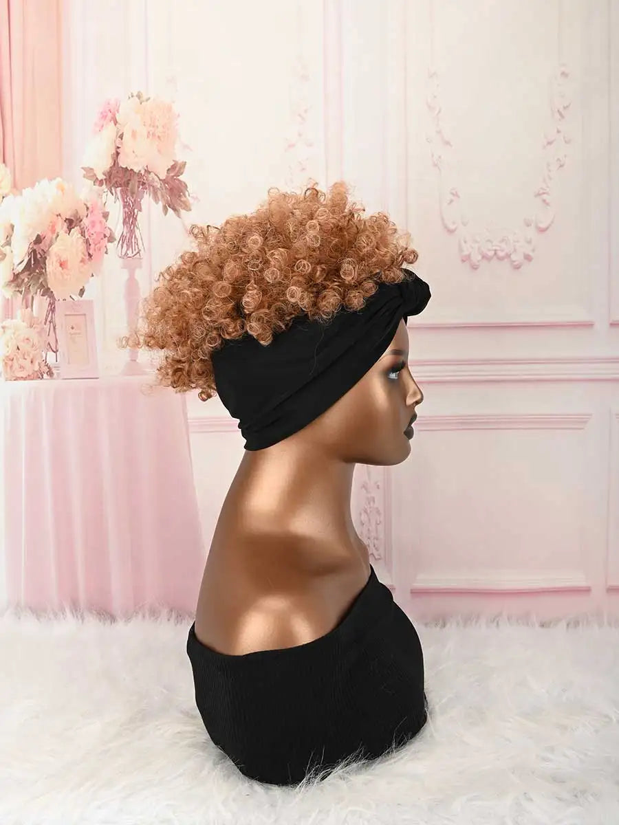 Headband Wig Curly Headband Wig With Bangs For Women Synthetic Afro Curly Hair Wig With Headband Attached Short Kinky Curly Afro High Puff With Bangs Stripes Short Red Curly Wigs with Bangs for Women, Natural Wavy Synthetic H
