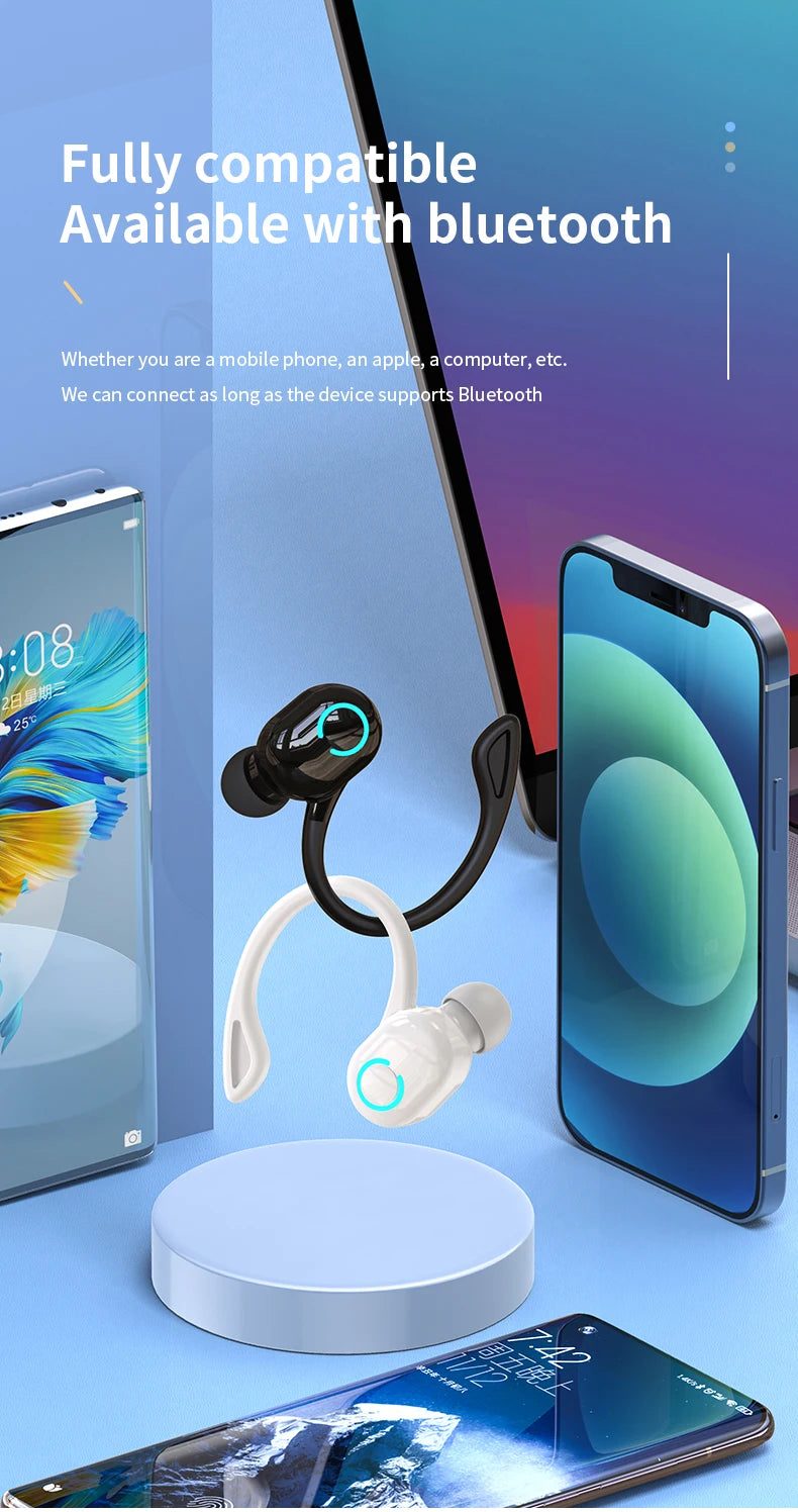Auriculares inalámbricos Bluetooth graves HIFI con micrófono HD, tipo gancho para la oreja, auriculares con cancelación de ruido, resistentes al agua, para juegos y deportes