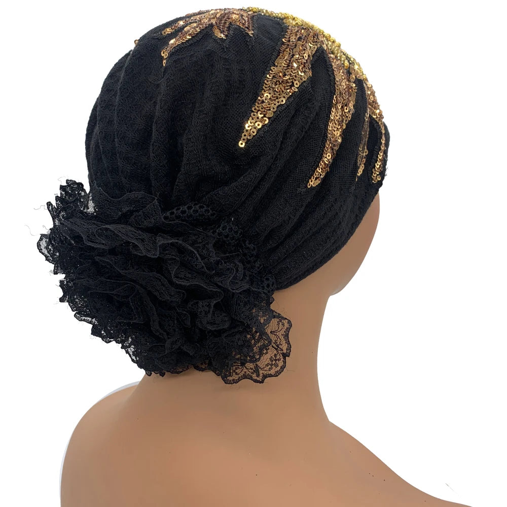 Luxury Diamonds Flower Lace Turban Hat Breathable Women Headscarf Headwear Bonnet Female Head Wraps Lady Beanie Hair Cover Cap