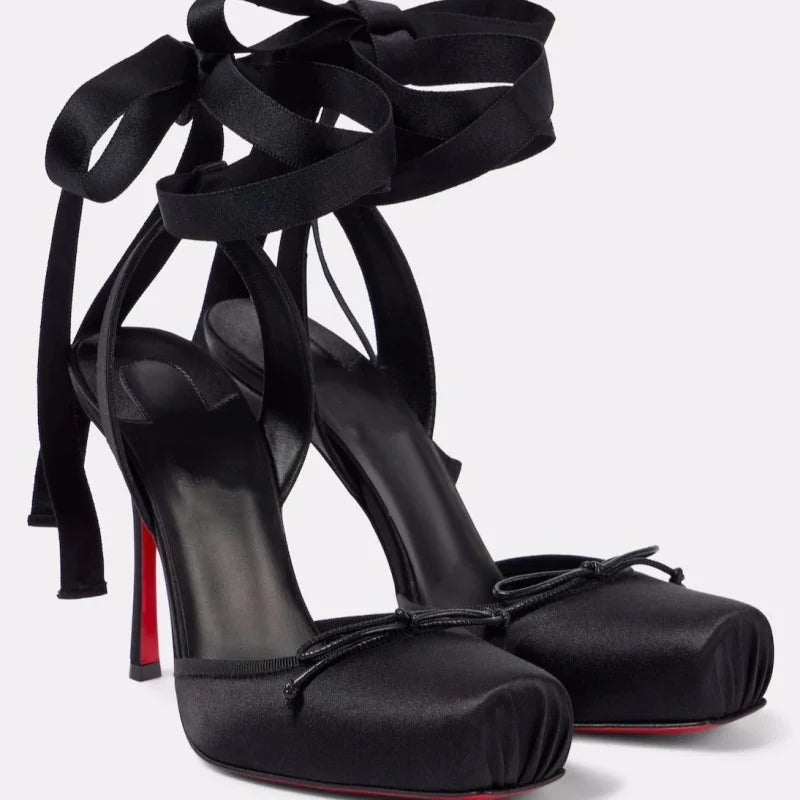 Luxury Design Woman Sandals Summer High Quality Square Satin High-heeled Female Shoes With Ankle Straps Wedding Flip Flops