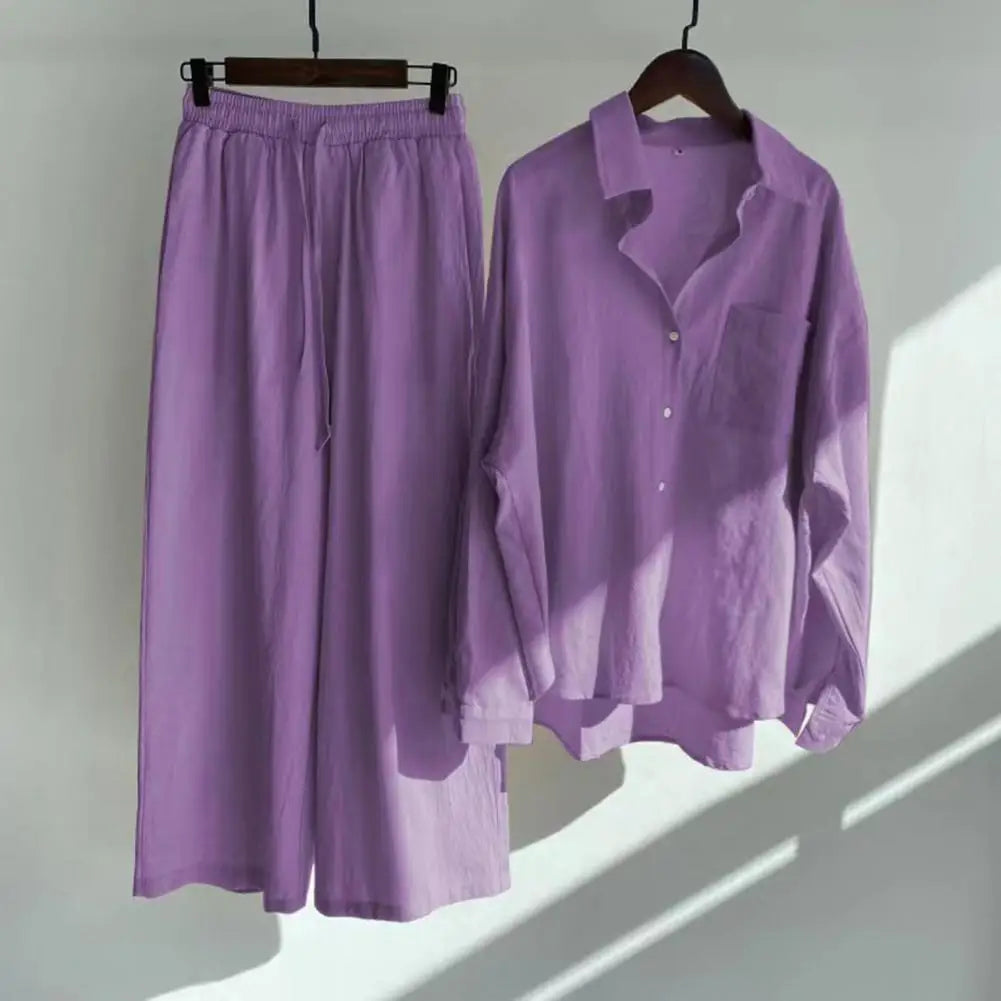 2 Pcs/Set Women Tops Pants Set Blouse Trousers Suit Skin-touch Long Sleeves Cardigan Solid Color Wide Leg Daily Clothes