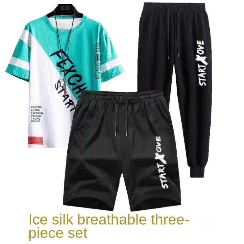 Youth quick-drying sports shorts three-piece set men's summer student suit men's casual thin trendy short sleeve t-shirt