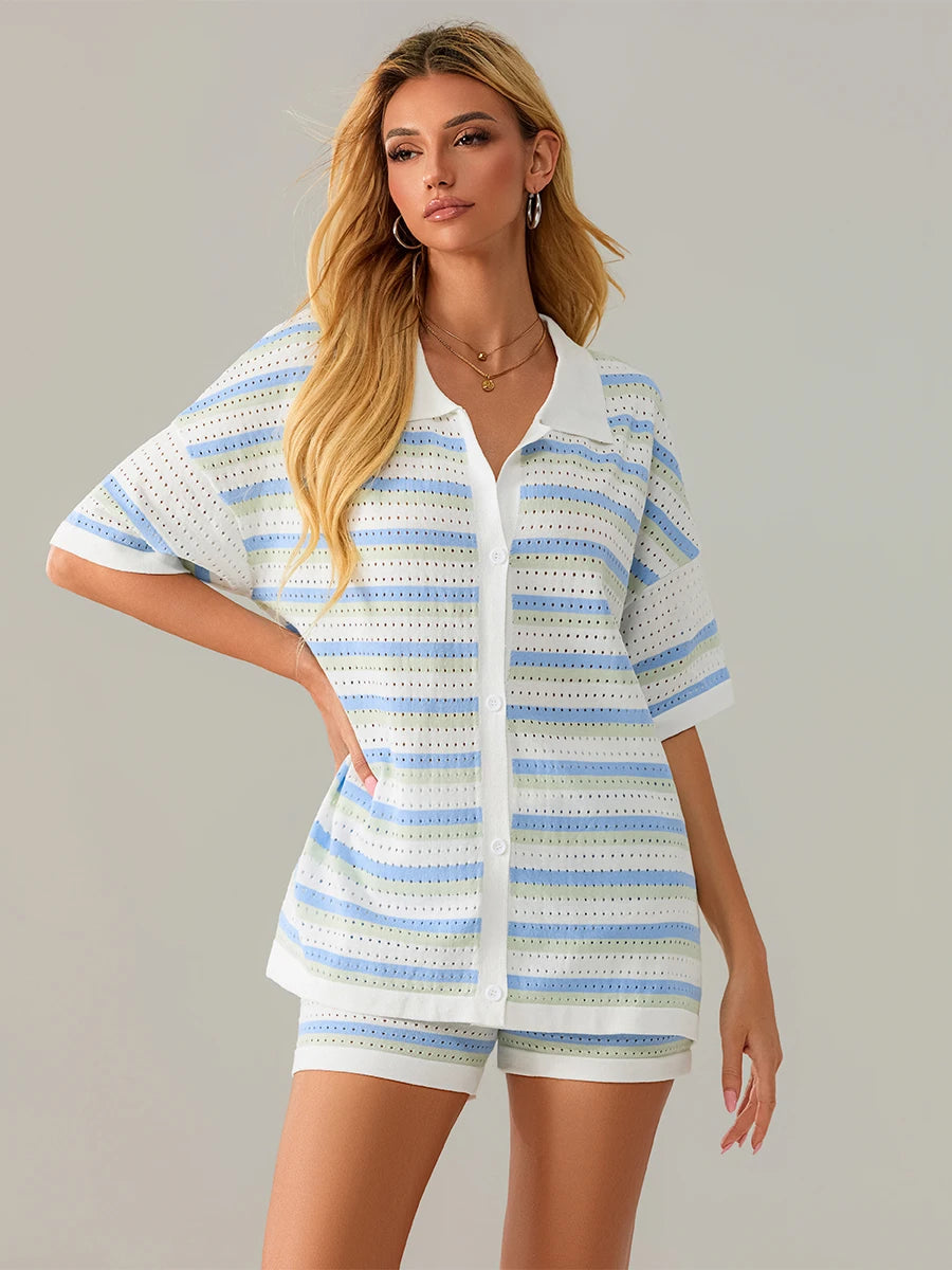 Conjunto de Pijama de Mujer de 2 Piezas Trajes de Salón Verano Rayas Contraste de Color Botón Tops de Punto de Ganchillo y Pantalones Cortos Conjuntos de Salón Playa
