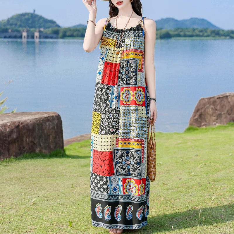 New Fashion Hot Summer Dresses For Women  Casual Flower Print Floral Sleeveless Dress Vintage Dress Loose Women Clothing