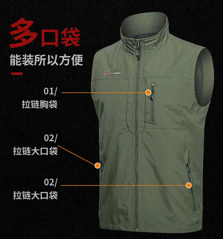 Men's Vest Thin Tooling Loose Quick Drying Outdoor Sports Multi Pocket Stand Collar Camping Fishing Vest Summer жилетка мужская