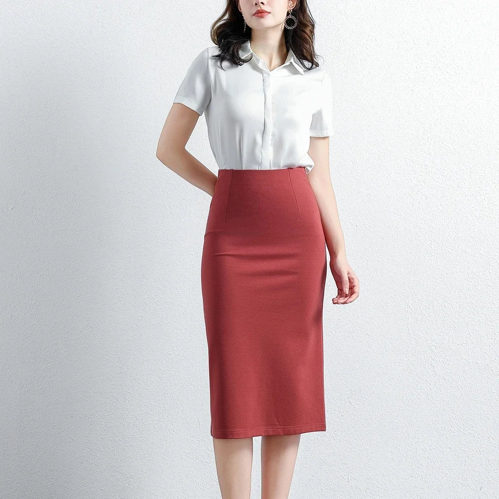 Women Elegant OL Bodycon Skirts Office Faldas Saia Work Slim Fit Jupe Autumn Fashion High Waist Solid Knee-length Skirt