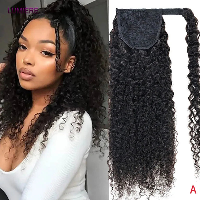 Ponytail Human Hair Extensions Afro Kinky Deep Water Curly Wave Wrap Around Drawstring 100% Virgin Human Hair Ponytail Extension