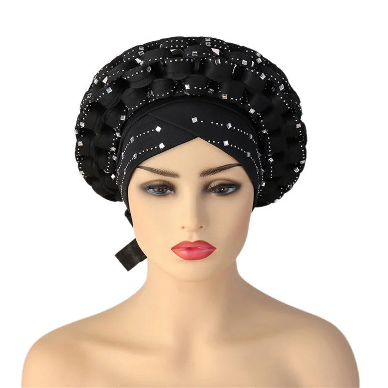 Rhinestone Auto Gele Headwrap – Sparkling African Elegance