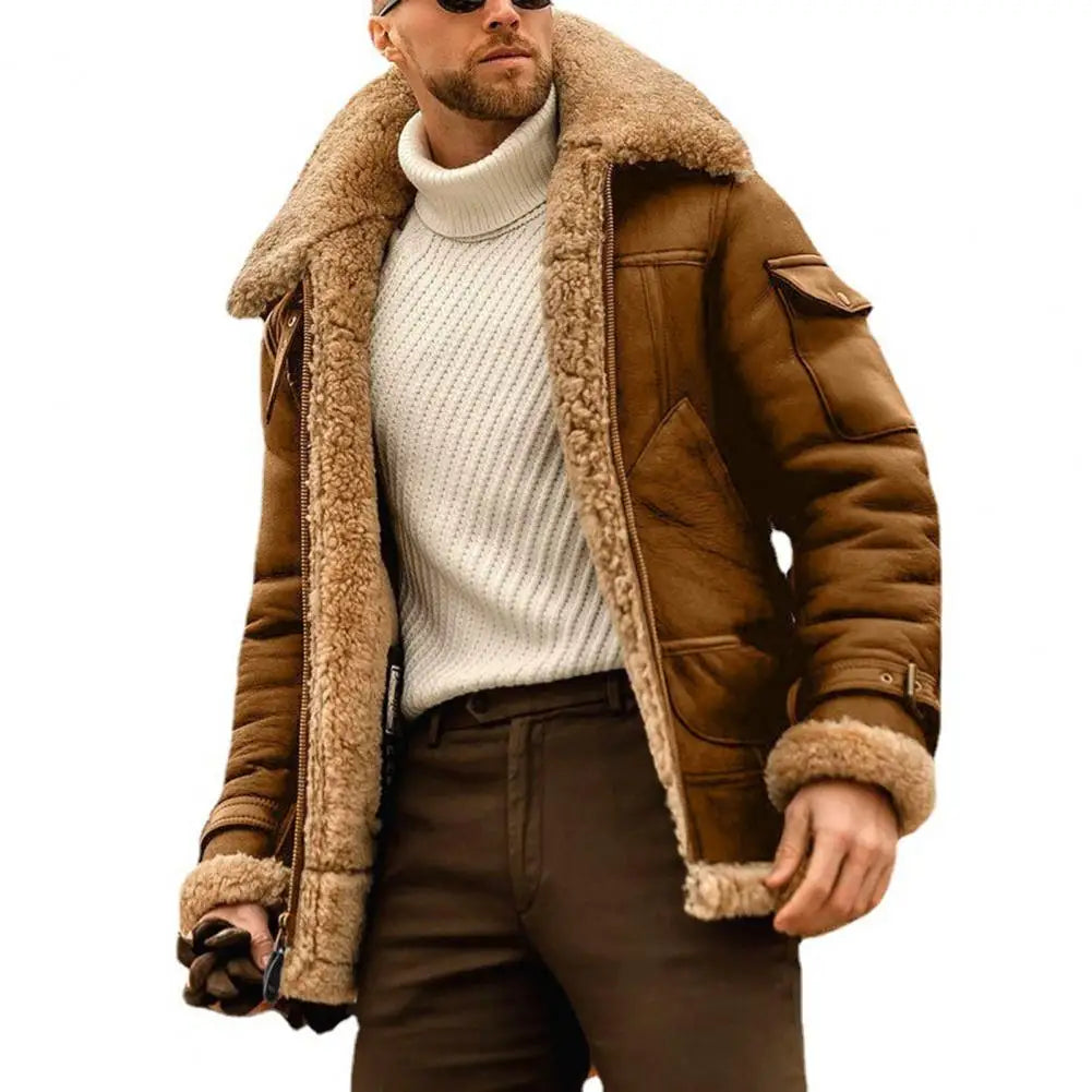 Faux Fur Faux Leather Men Jacket Thickened Plush Lining Winter Men Jackets Vintage Lapel Furry Coldproof Keep Warm Winter Coat