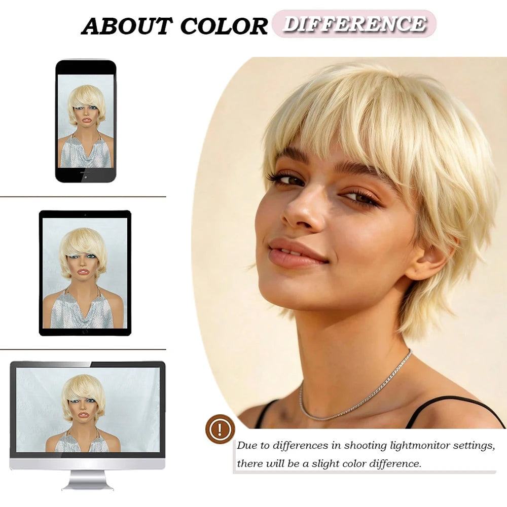 Natural 613 Platinum Blonde Short Layered Pixie Bob Human Hair Wig with Bangs, Lightweight Voluminous Layered Blonde Pixie Bob Wig with Fringe, Full Machine Made Light Yaki Style for Women Daily Wear