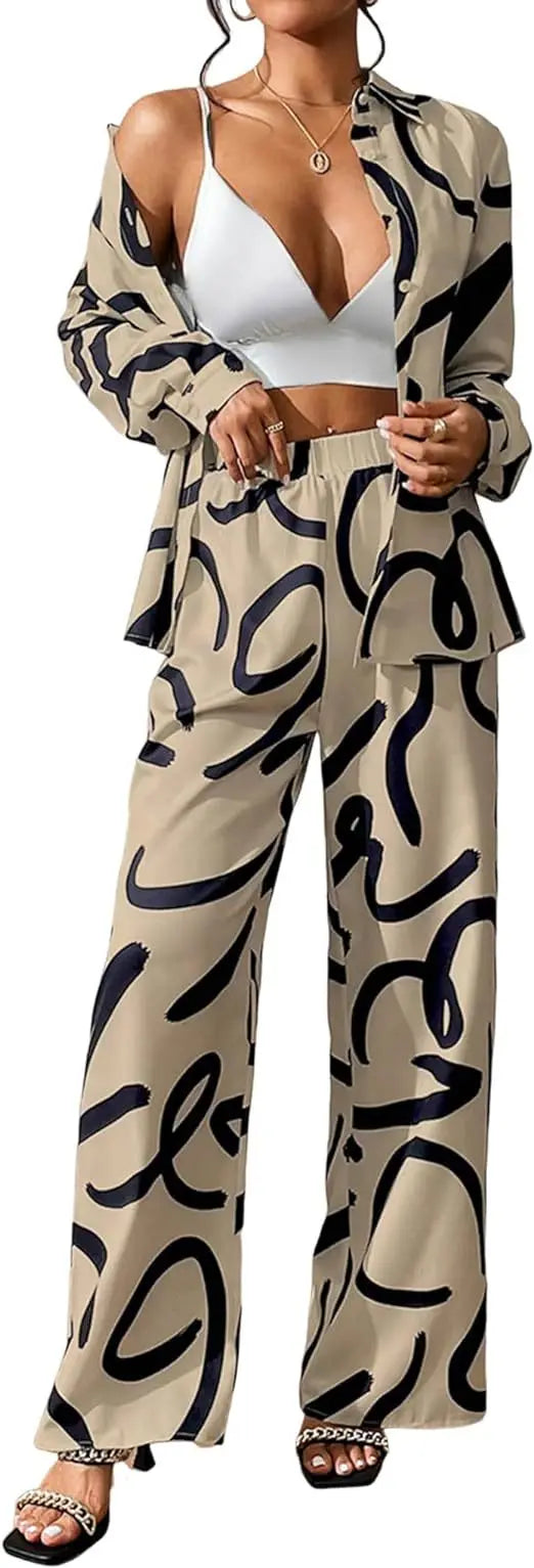 Women Clothing  Autumn New Fashion Print Set Casual Button Collar Shirt Long Sleeved Wide Leg Pants Long Pants Two-piece Set
