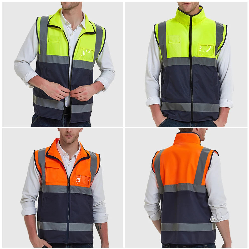Work Vest with Multi Pockets Front Zipper Hi Vis Workwear Two Tone Construction Working Safety Vest Uniform
