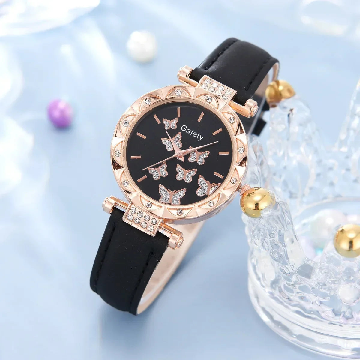 Conjunto de Reloj, Anillo, Collar, Pendientes y Pulsera para Mujer Relojes de Mariposa con Correa de Cuero reloj de señora relogios feminino reloj mujer