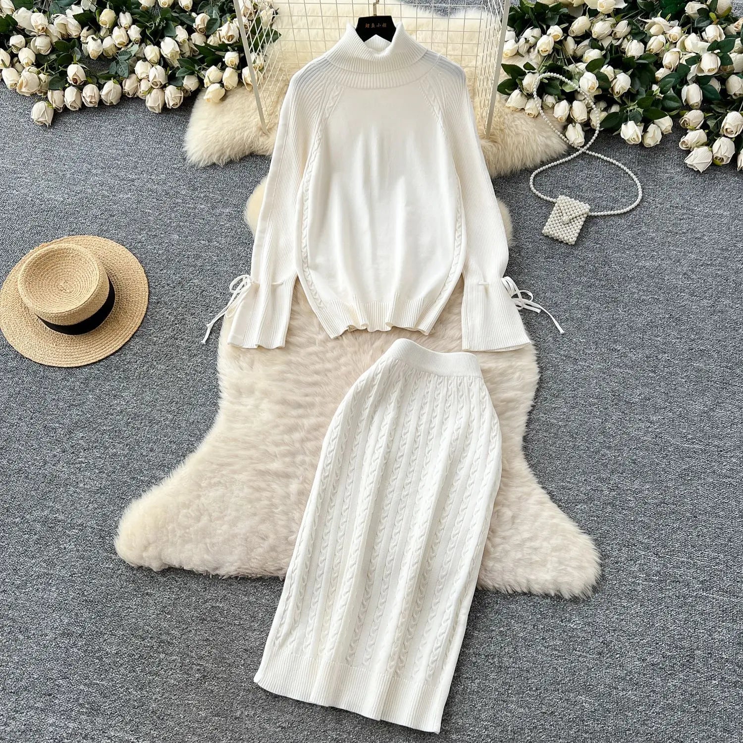 Two Piece Sets Women Skirt Set Turtleneck Knitted Full Sleeve Tops Mid Length Skirts Wrap Hip High Waist Y2k Streetwear Elegant