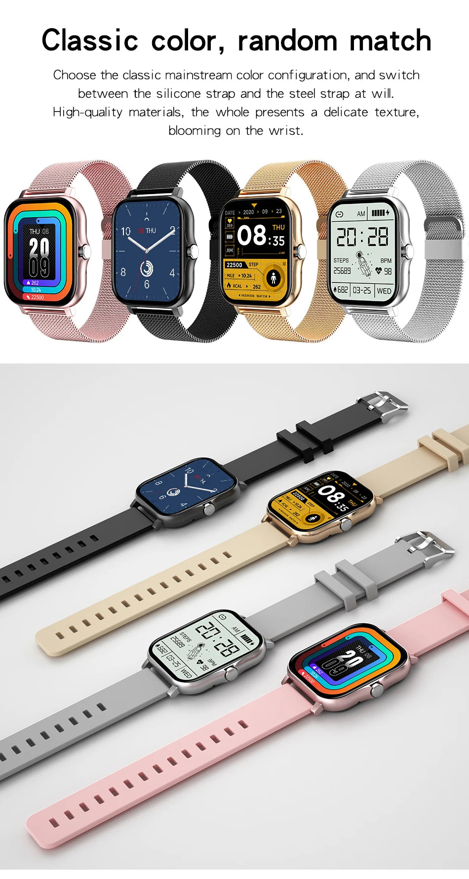 Smart Fitness Tracker Watch for Android/iOS - IP68, Heart Rate/Blood Oxygen/Sleep Monitoring, 8 Sports Modes, Breath Training