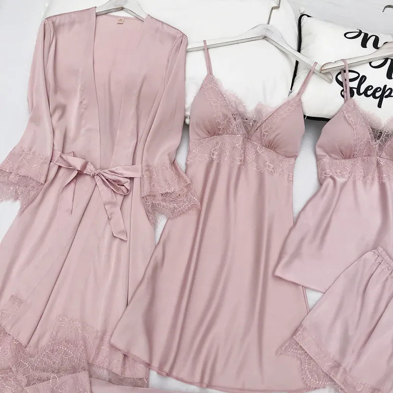 Pijama de cinco piezas para mujer, ropa de dormir para primavera y verano, camisón, bata de baño sexy de encaje, bata de satén de seda suelta para el hogar, ropa de estar en casa