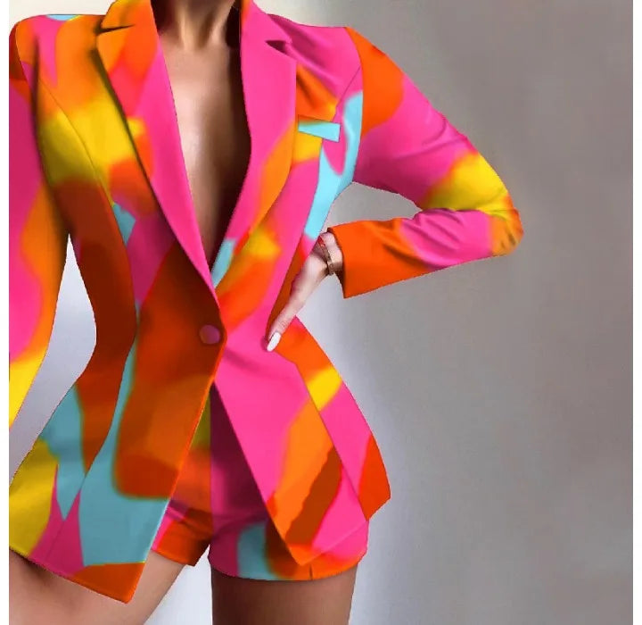 Conjunto de dos piezas de shorts para mujer, trajes de otoño e invierno, a la moda, estampado de leopardo, casual, blazer de manga larga y pantalones cortos