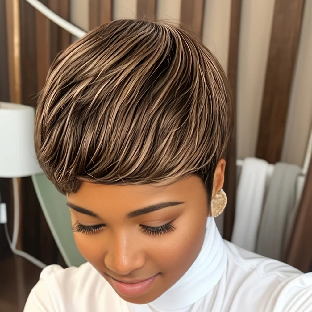 Short Pixie Cut Wig Human Hair Wig Ombre Blonde P4/27 Natural Look Easy Styling Machine Made Wig for Women