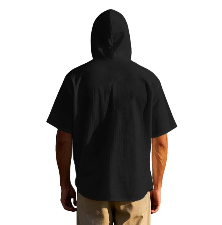 Men's Short Sleeve Shirt Cotton Linen Solid Color Shirts Men Hooded Casual Shirt Man Single Breasted Tops Men Breathable Shirt