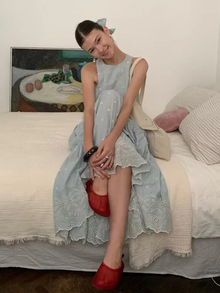 Sleeveless Top Skirt Two Pieces Matching Set for Women Light Blue Vintage Skirt Set French Style Embroidery Cotton Dress Set