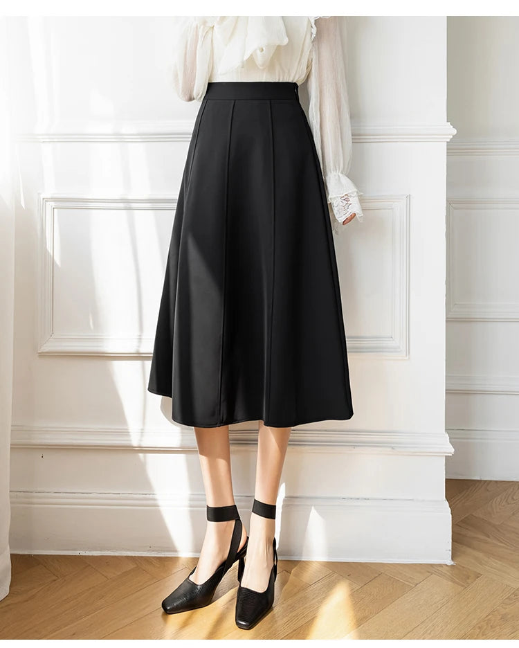 Women's Skirt Spring Women High Waist Solid Vintage Girl's Waist Down Skirt Knee-length A-line Fashion Thin Skirt for Women