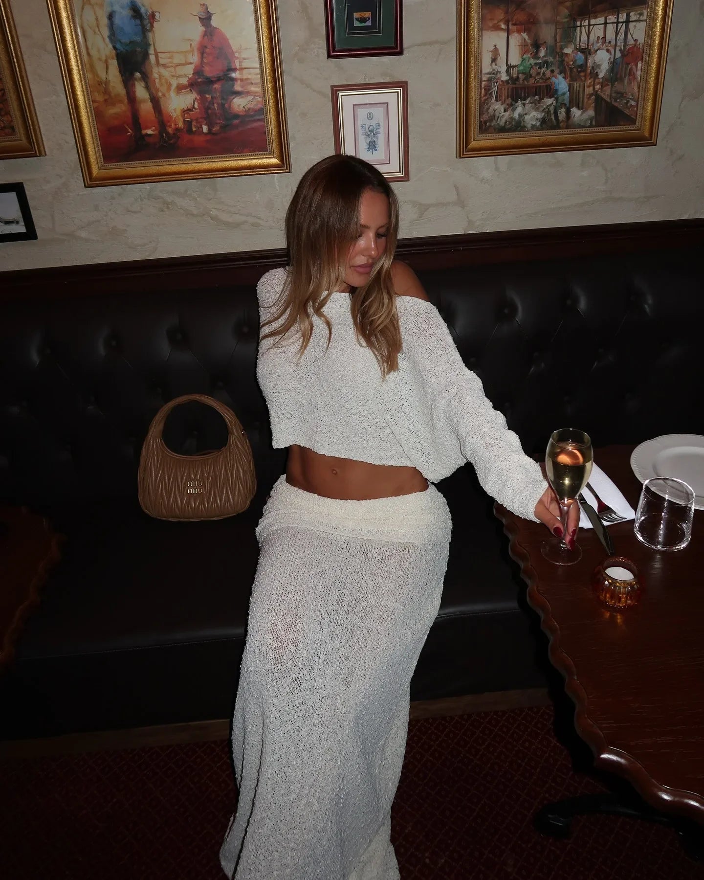 Knitted Skirt Set Women's Summer Off-Shoulder Long Sleeve Cropped Top Slim See-through Pleated Skirt Female Skirt Set